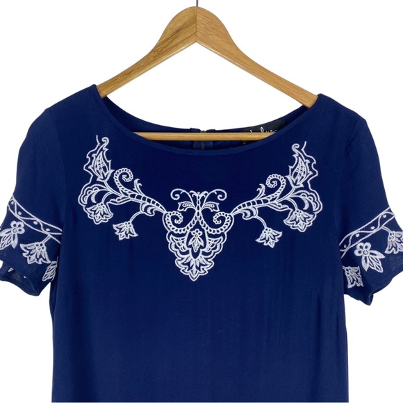 Lulu’s Navy Blue Dress Women’s Size S White Embroidery Lined Mini Short Sleeve - Picture 5 of 13